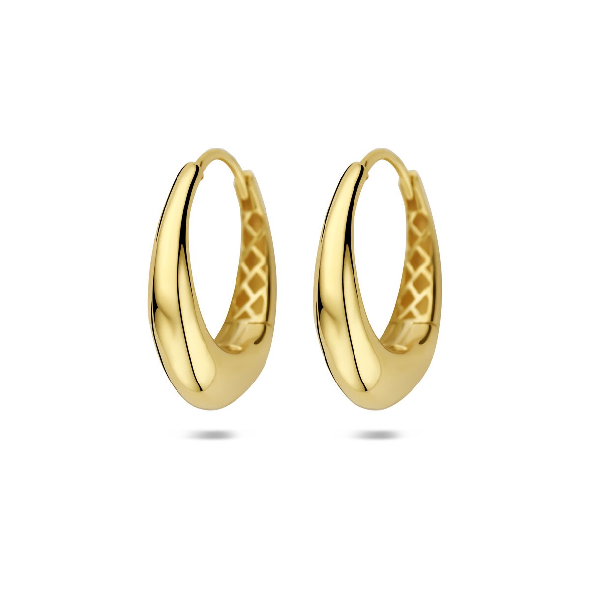 Orecchini alla creola in oro giallo 14k con design ondulato e finitura lucida.