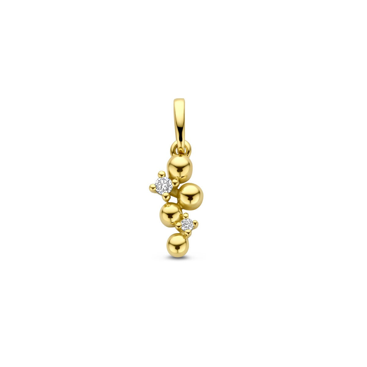 Ciondolo in oro giallo 14k con diamanti, caratterizzato da sfere lucide e dettagli brillanti.
