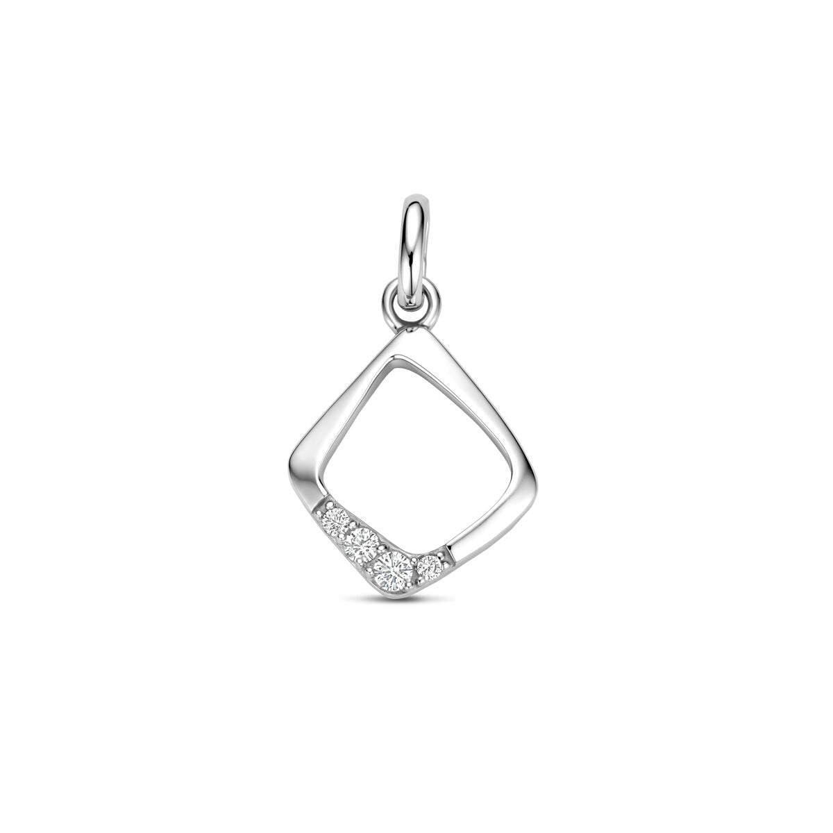 Ciondolo argento a forma di rombo con zircone, dimensioni 19 x 11,5 mm.