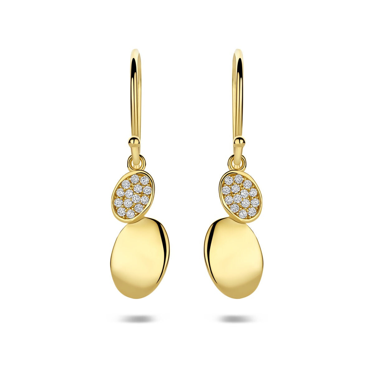 Orecchini in oro giallo 9k con zircone, forma ovale e pendente lucido.