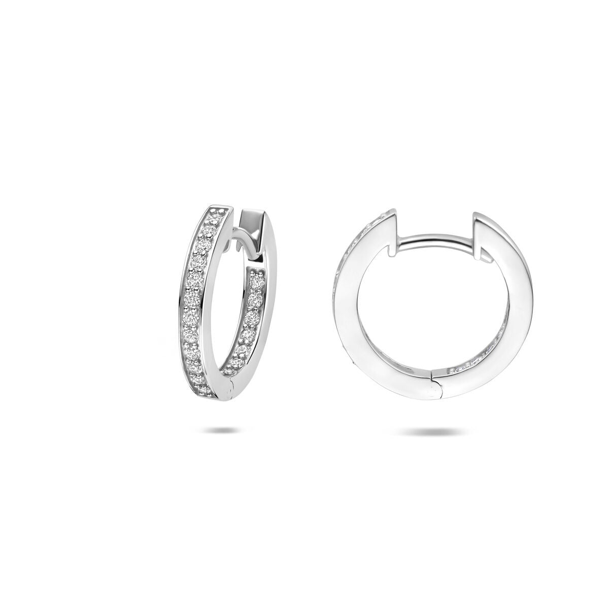 Orecchini a cerchio con chiusura a scatto in argento con zirconi – argento 925 rodiato 15 mm