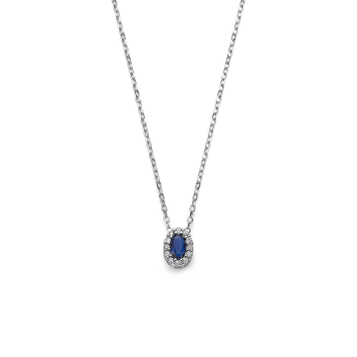 Collana in argento rodiato 925 con zaffiro ovale e zirconi.