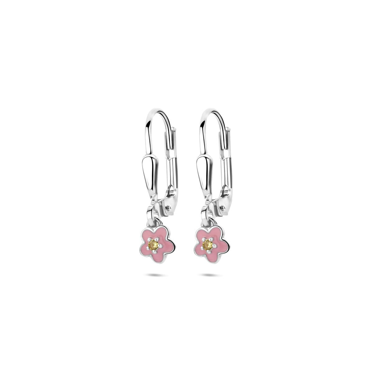 Orecchini argentati con fiore smaltato rosa e zirconi gialli, lunghezza 19 mm.