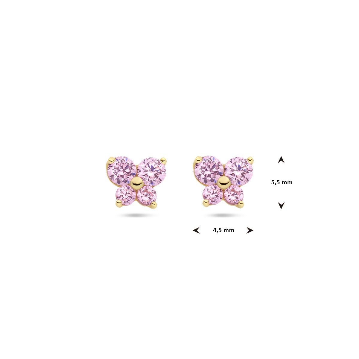 orecchini a bottone in oro giallo 14k farfalla con zirconia rosa