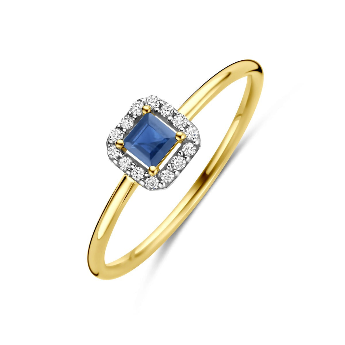 Anello in oro giallo 14k con zaffiro quadrato e diamanti scintillanti.