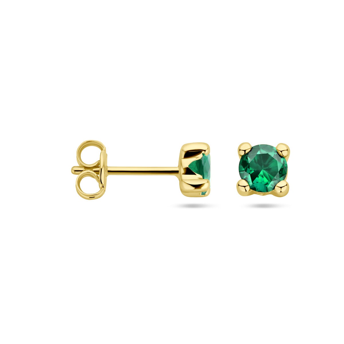 Orecchini a bottone in oro giallo 14k con smeraldo sintetico.