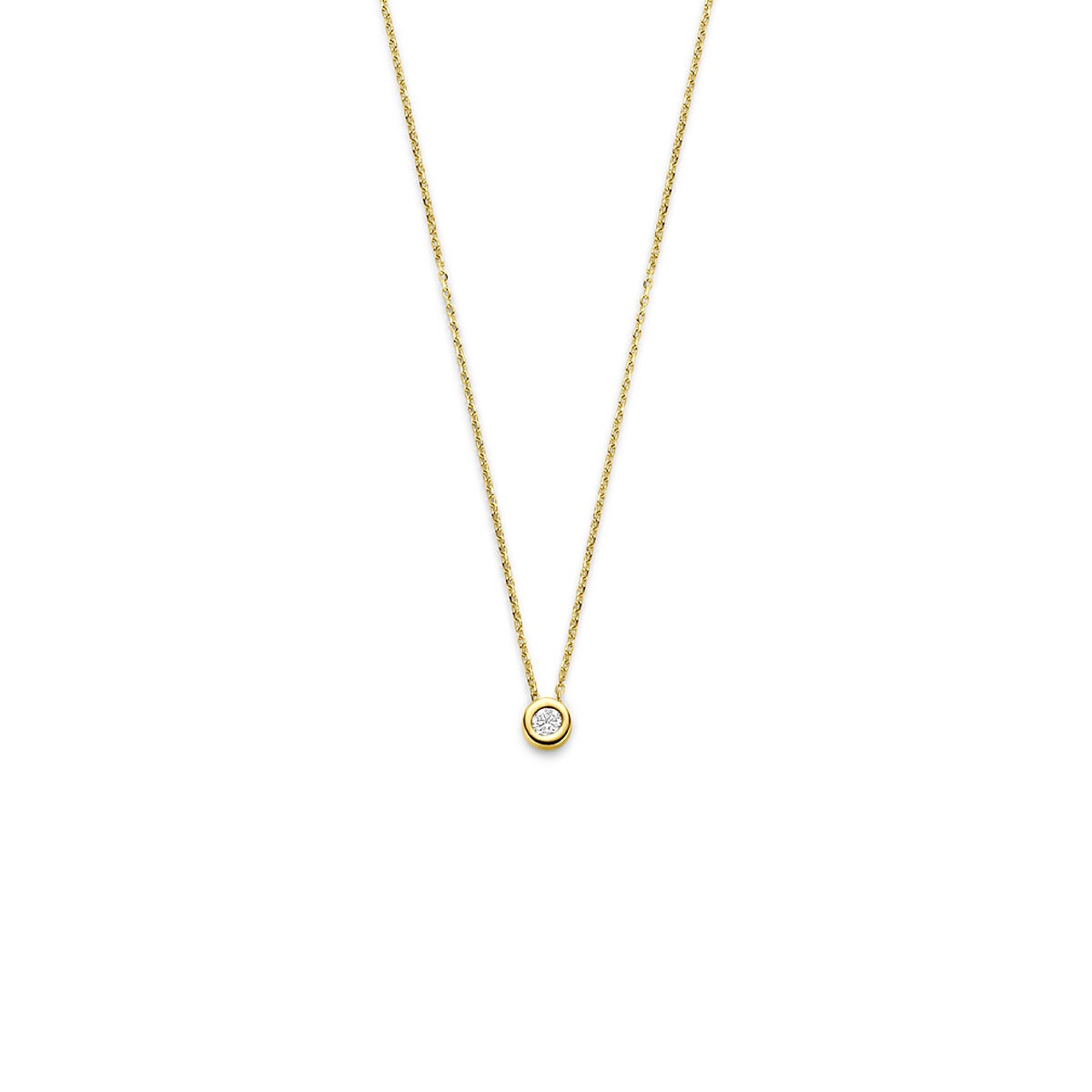 Collana in oro 14k con zircone, con pendente rotondo e catena fine.