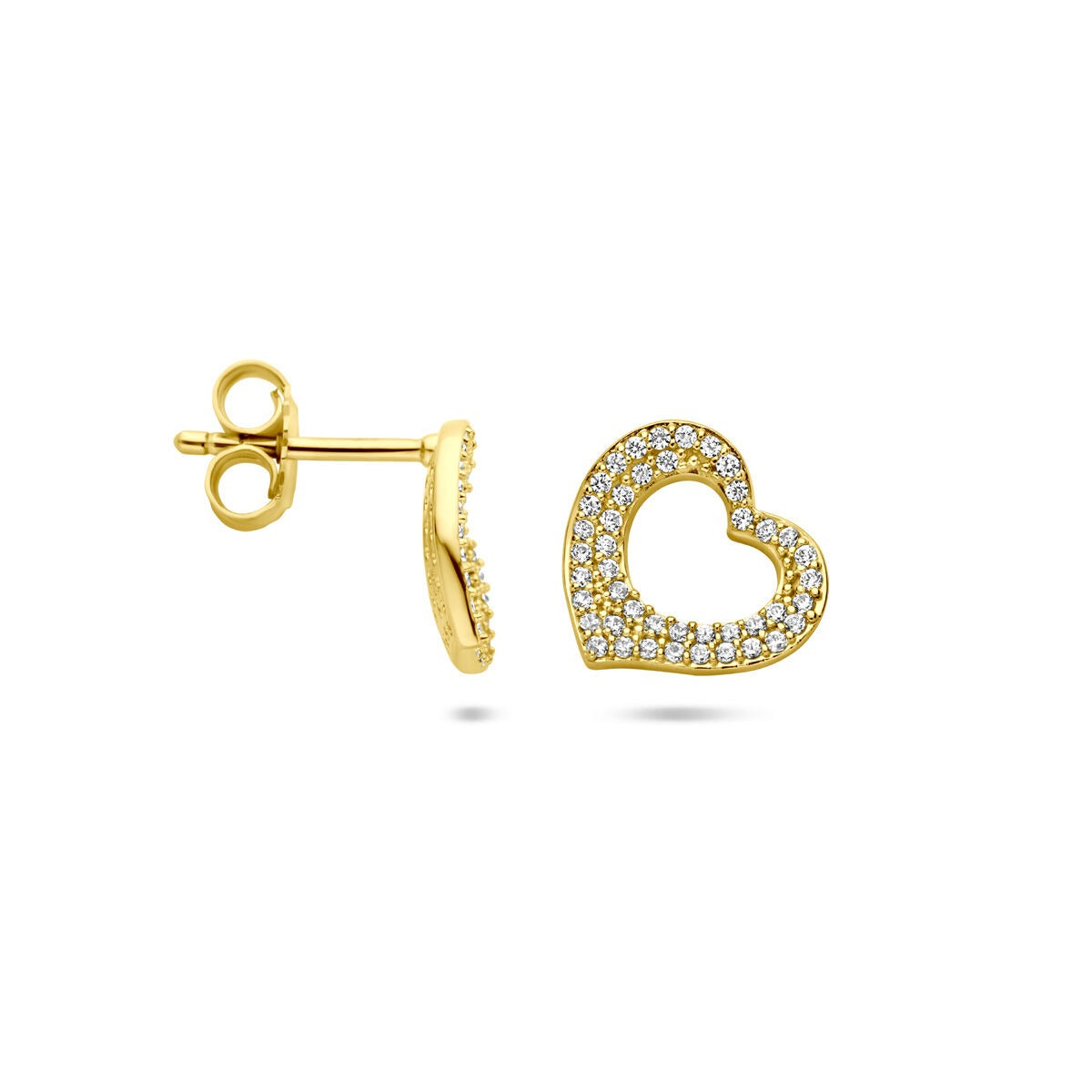 Orecchini a bottone a cuore in argento dorato con zirconia