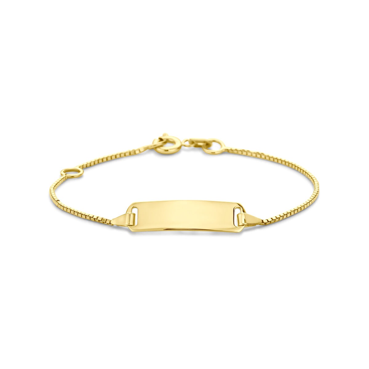 Bracciale in oro giallo 14k con piastra per incisione e chiusura a moschettone.