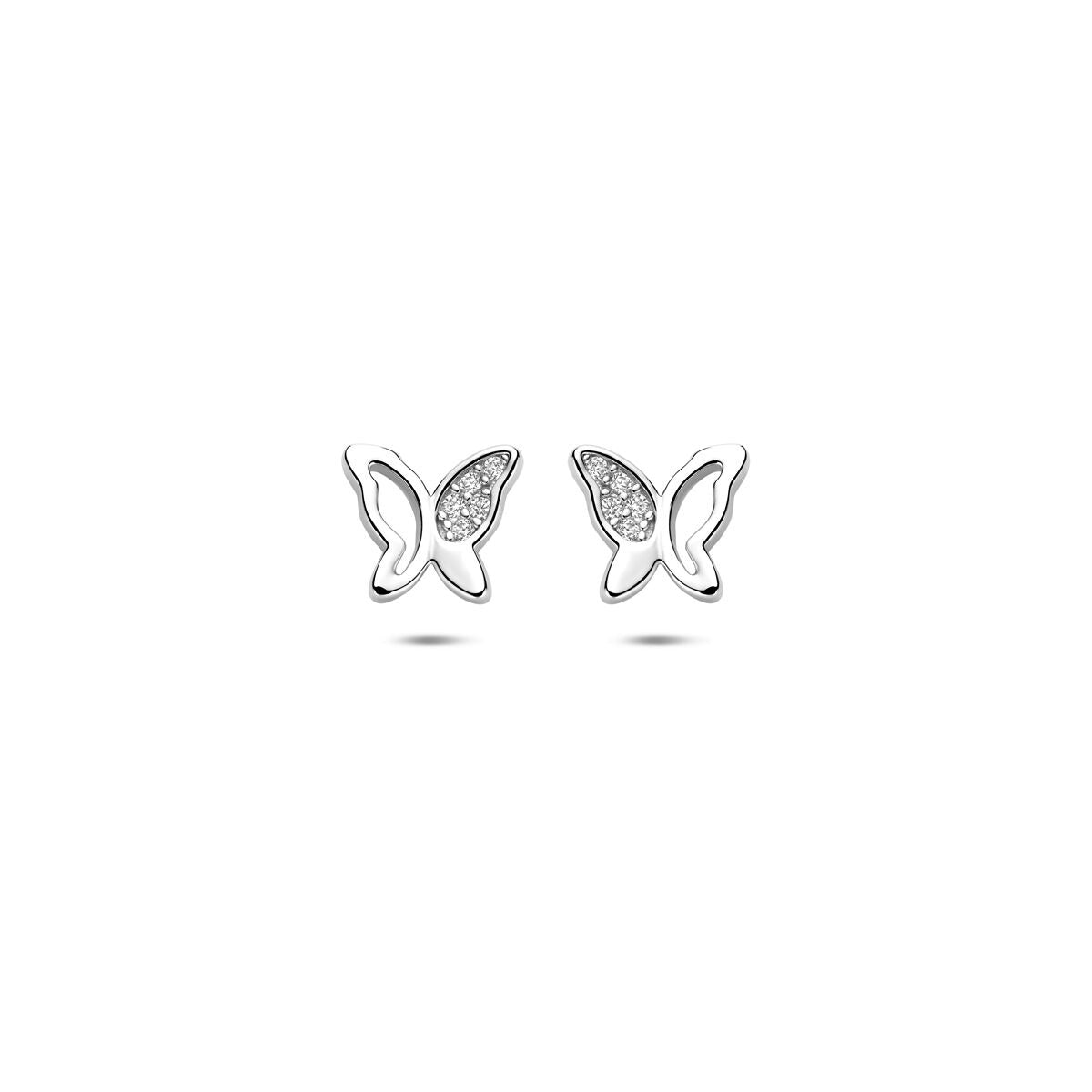 Orecchini a forma di farfalla in argento con zircone, dimensioni 6,5 x 7,5 mm.