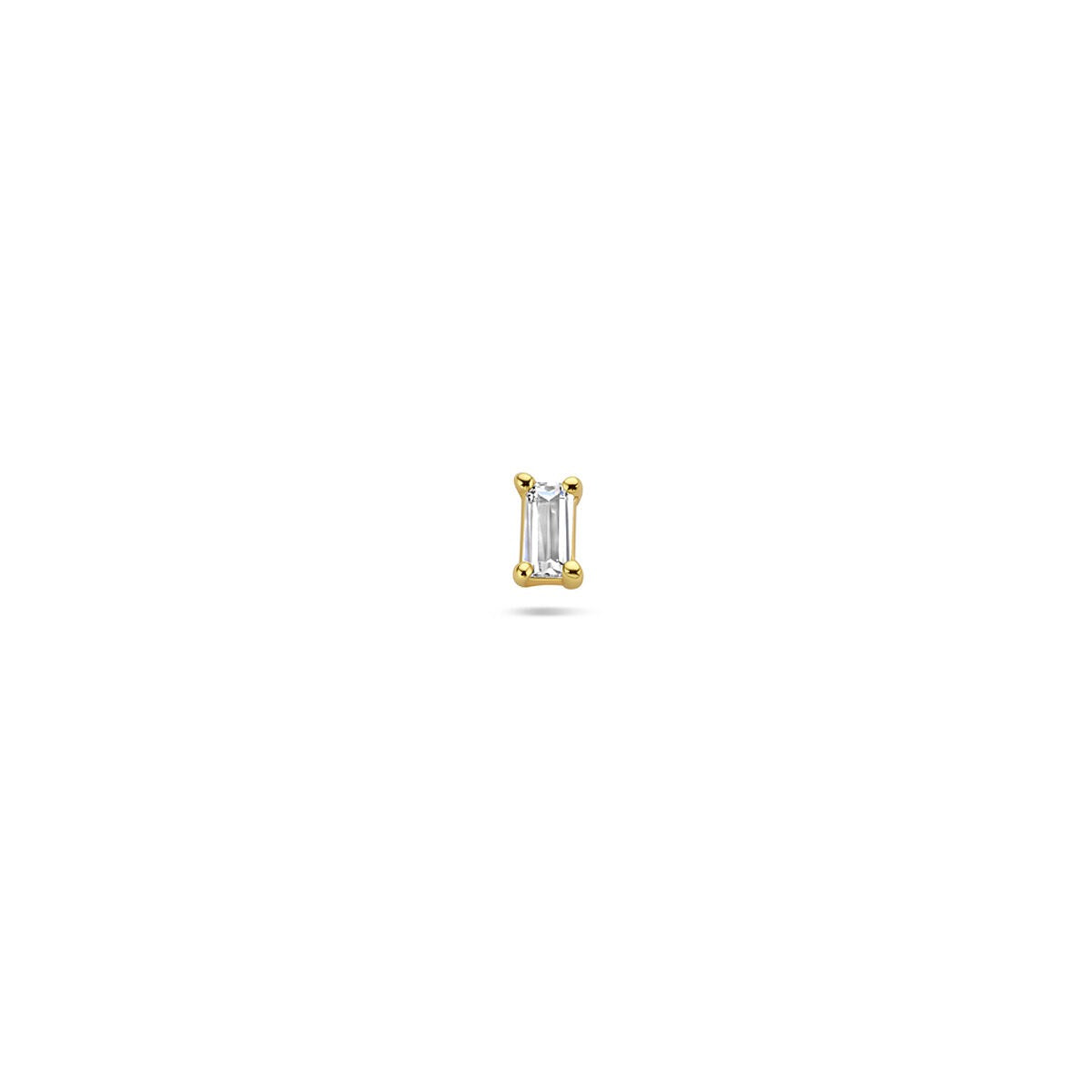 Verguld zilveren flat back piercing met baguette zirkonia in een rechthoekige vorm.
