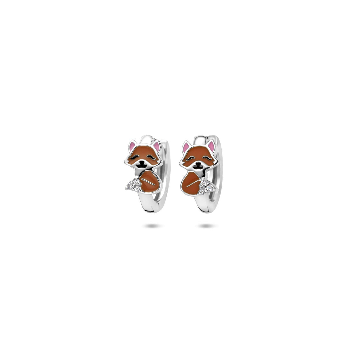 Orecchini alla creola in argento con smalto a forma di volpe e zirconi, dimensioni 11 x 5 mm.