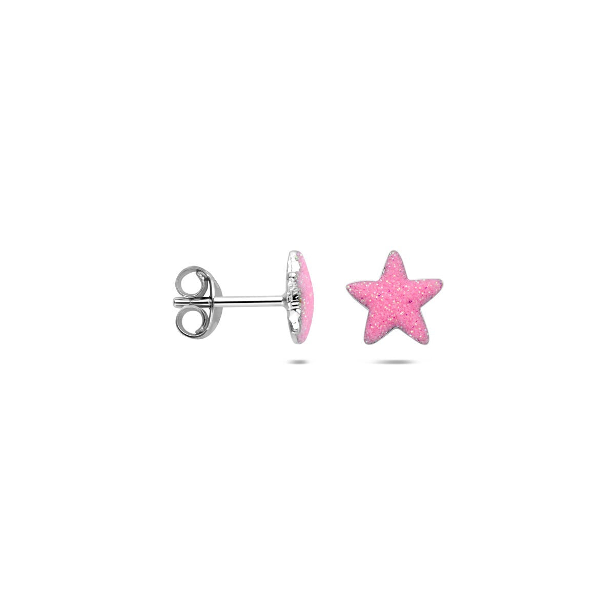 Orecchini a bottone per bambini in argento 925k rodiato a forma di stella con smalto rosa