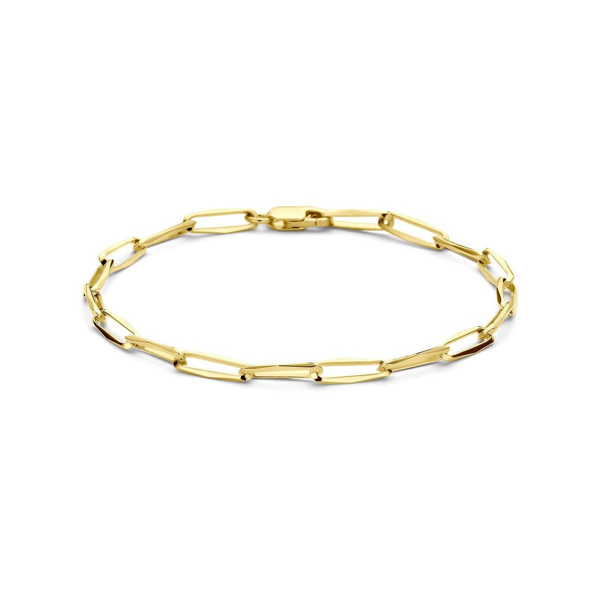 Bracciale in oro giallo 14k con maglie chiuse e forma allungata.