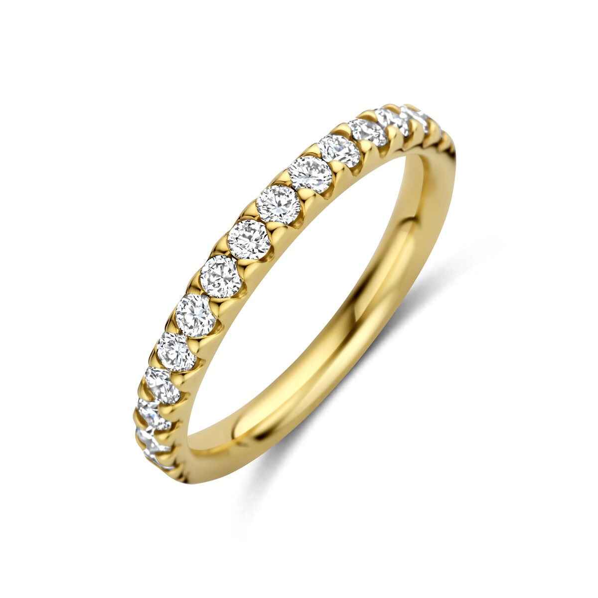 Anello da donna in oro giallo 14k con diamanti lab grown, finitura lucida e design sottile.