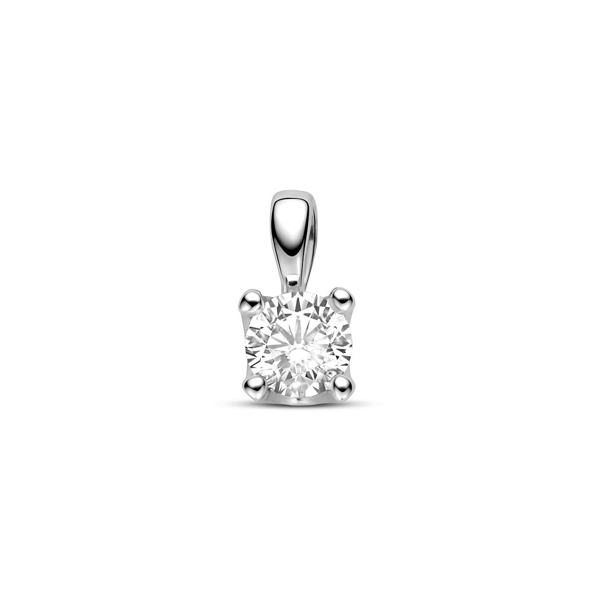Ciondolo in argento rodiato 925 con zircone trasparente a forma quadrata.