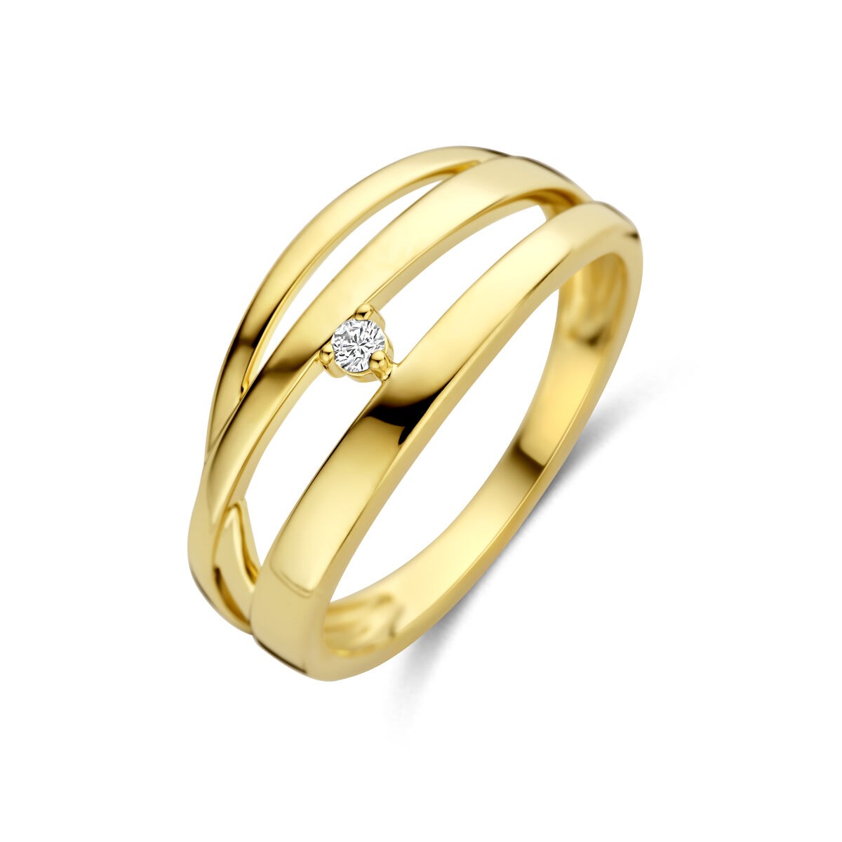 Anello da donna in oro giallo 14k con diamante, design a tre fasce.