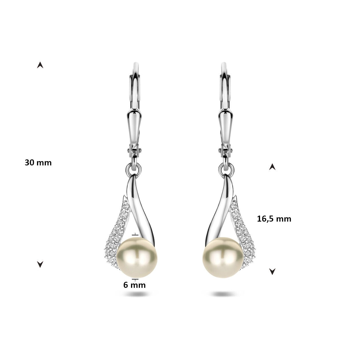 Orecchini pendenti in argento con perla e zircone – argento 925 rodiato 30 mm