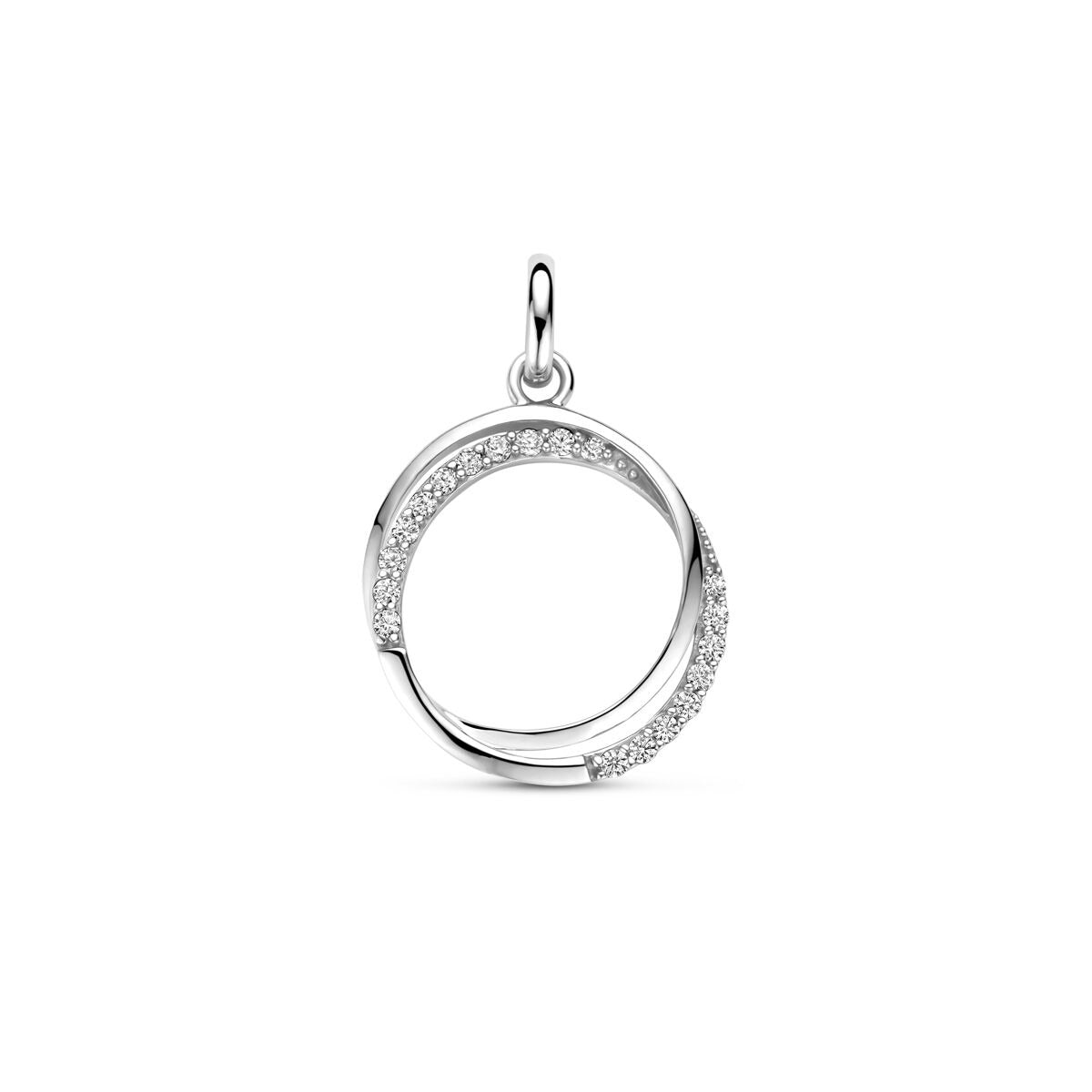 Ciondolo in argento 925 rodiato con zircone, forma circolare con dettagli luminosi.