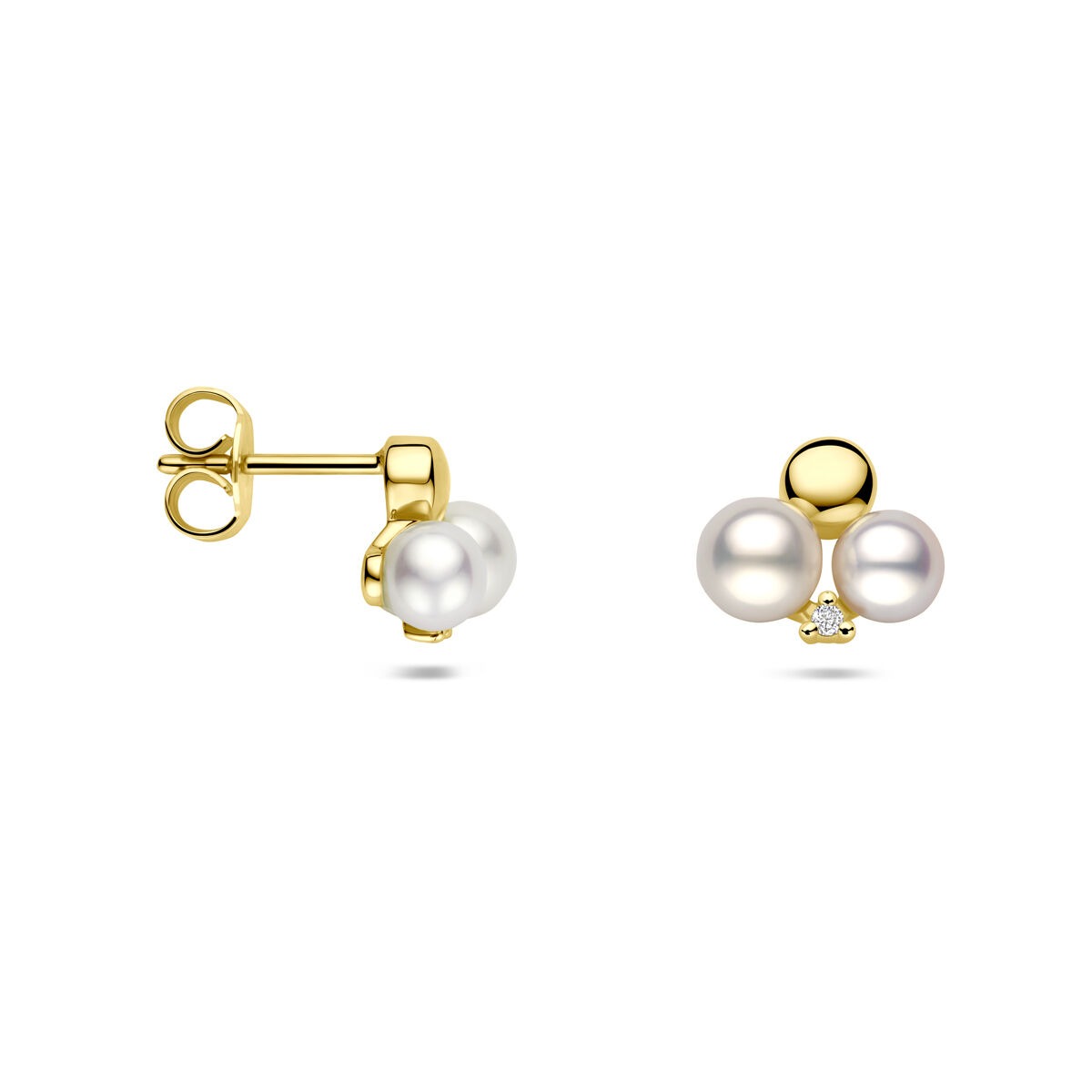 Orecchini a bottone da donna in oro con perla e diamante – 14k 0.02ct (2x 0.01ct) h si 9 mm