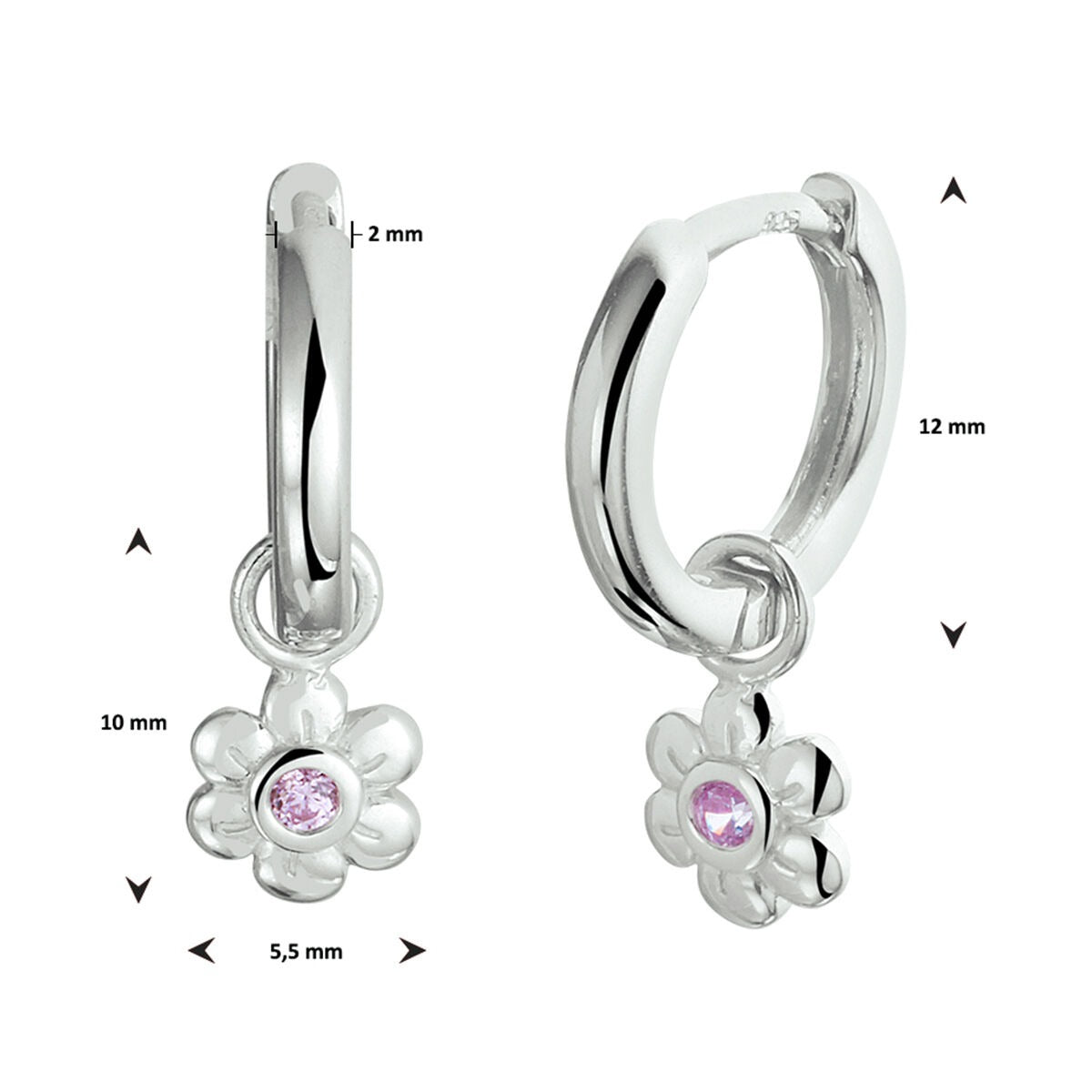 Orecchini a cerchio per bambini in argento – con ciondolo a fiore e zirconia rosa