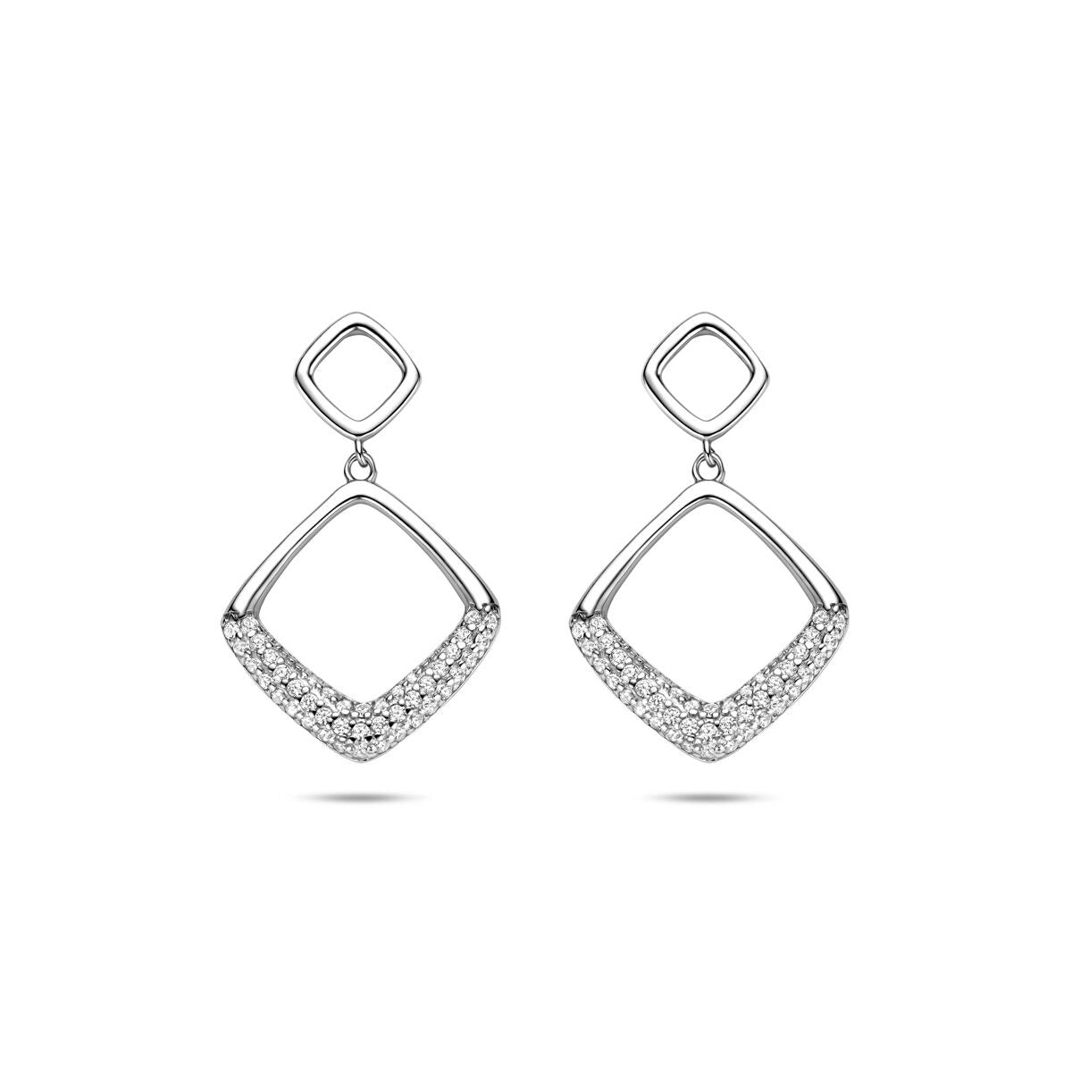 Orecchini in argento 925 rodiato con zircone, forma quadrata e rettangolare.