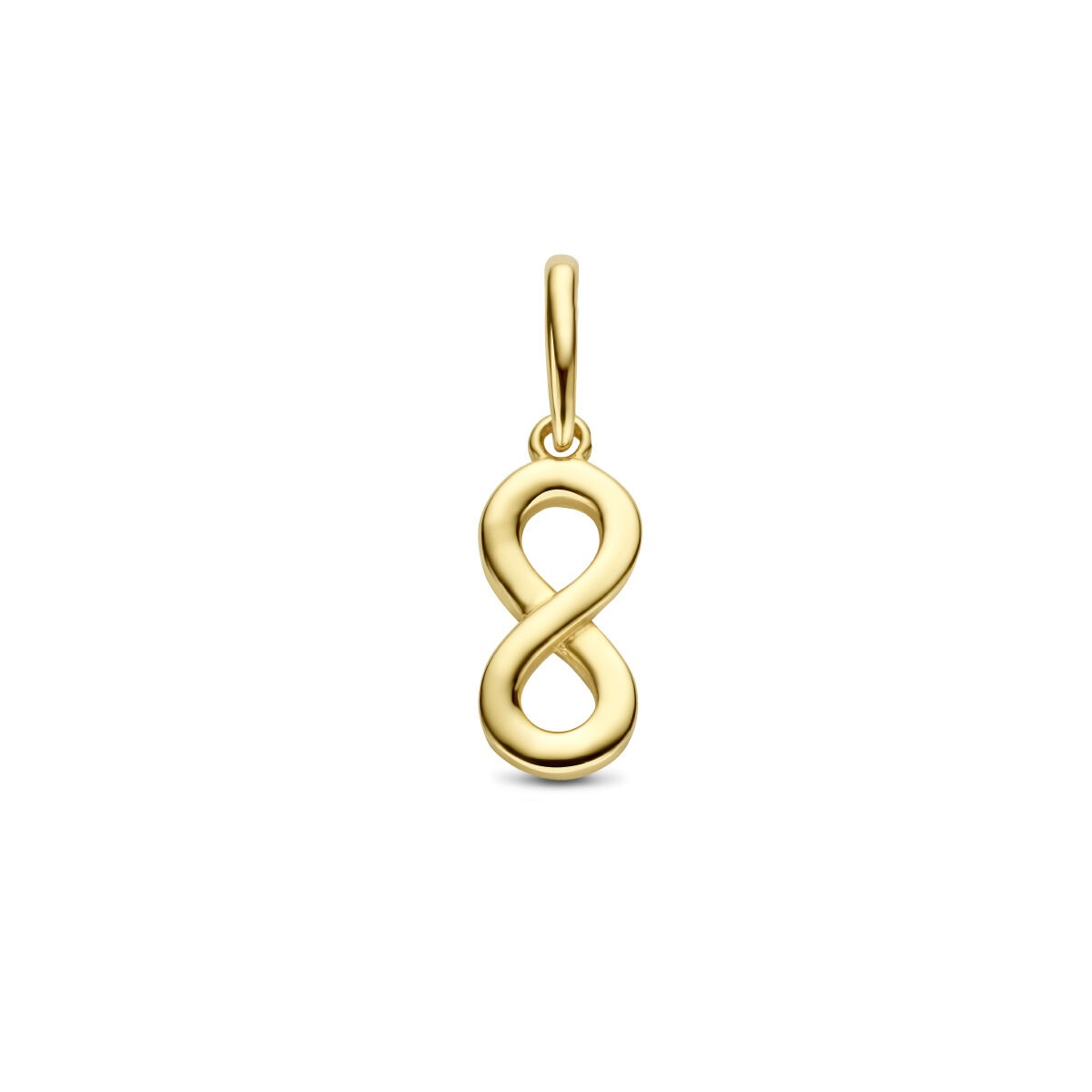 Ciondolo infinito in oro giallo 9k, con forma fluida e lucida.