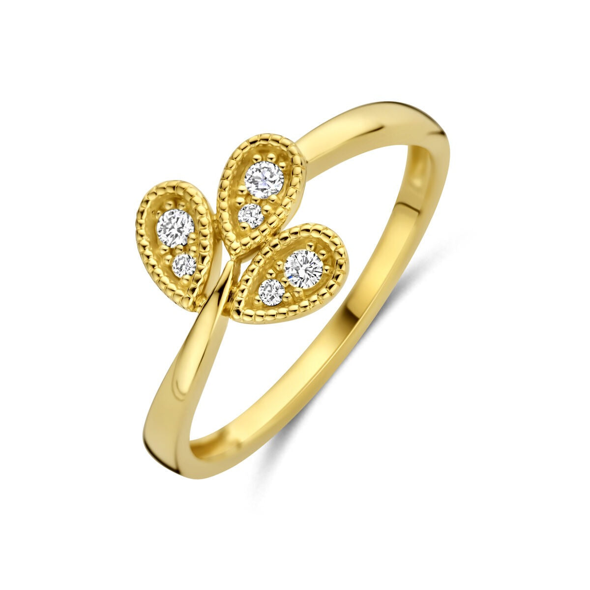 Anello da donna in oro giallo 14k con diamanti, design a tre foglie.