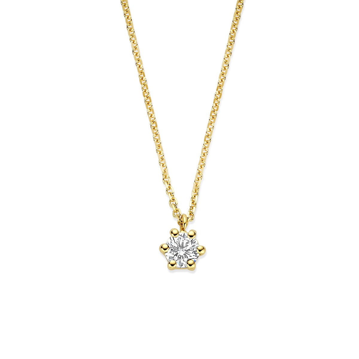 Geelgouden ketting met een lab grown diamant in een bloemvormige zetting.