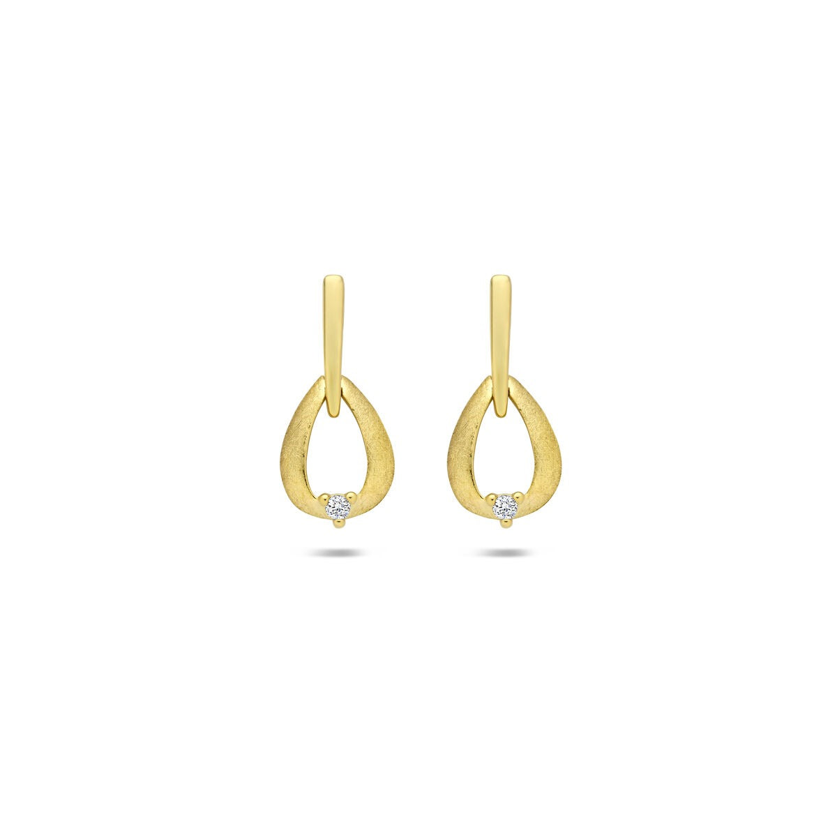 Orecchini in oro giallo 14k con diamante, forma a goccia e finitura opaca.