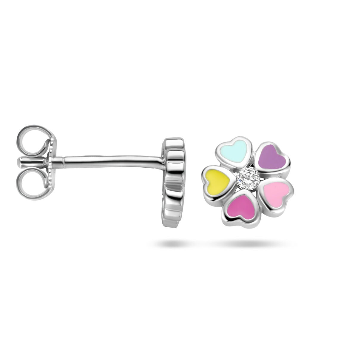 Orecchini a bottone in argento 925 rodiato fiore con zirconi