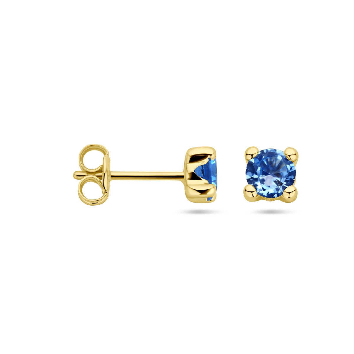 Orecchini a bottone in oro giallo 14k con acquamarina sintetica.