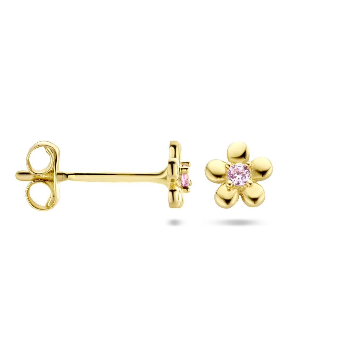 Orecchini per bambini in oro giallo 14k fiore con zirconia rosa