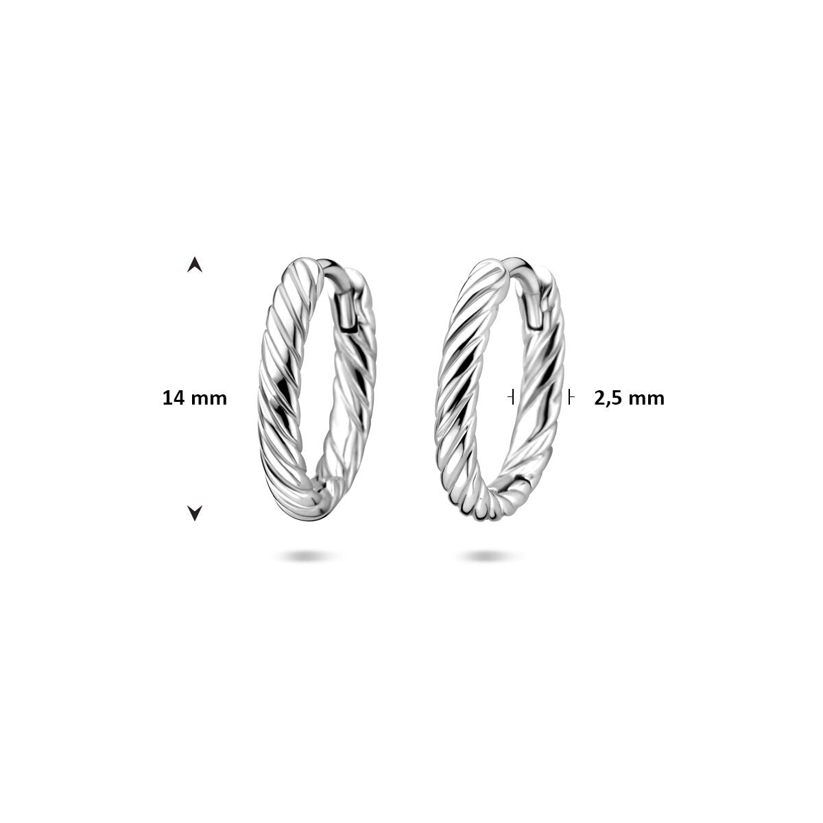 Orecchini a cerchio con chiusura a scatto attorcigliati in argento rodiato 14 mm