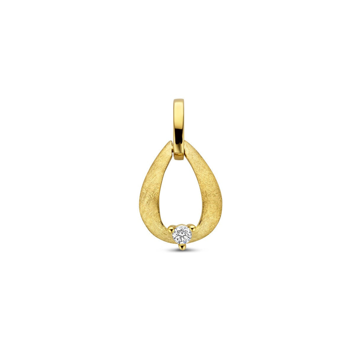 Ciondolo in oro giallo 14k con diamante, forma a goccia e finitura opaca.