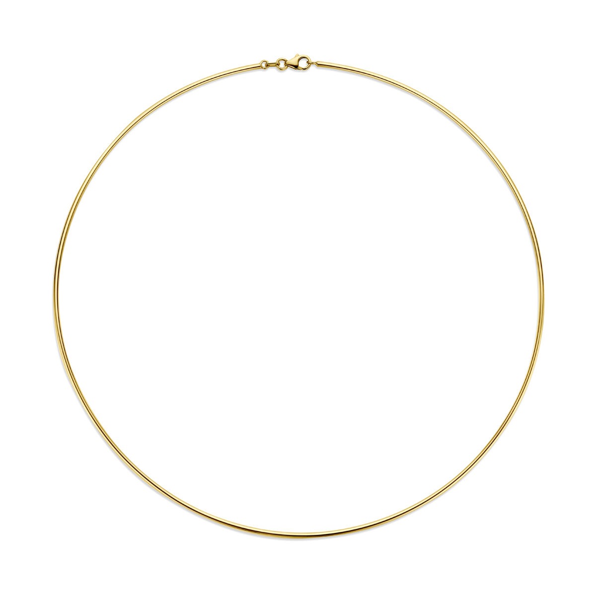 Collana in oro 14k senza pendente, spessa 1,5 mm e lunga 40 cm, con chiusura a moschettone.