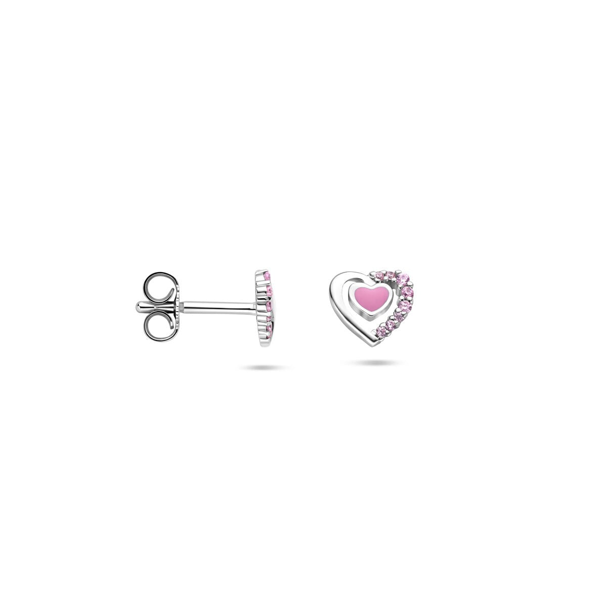 Orecchini a perno bambini a cuore in argento con zircone rosa – Orecchini da Bambino