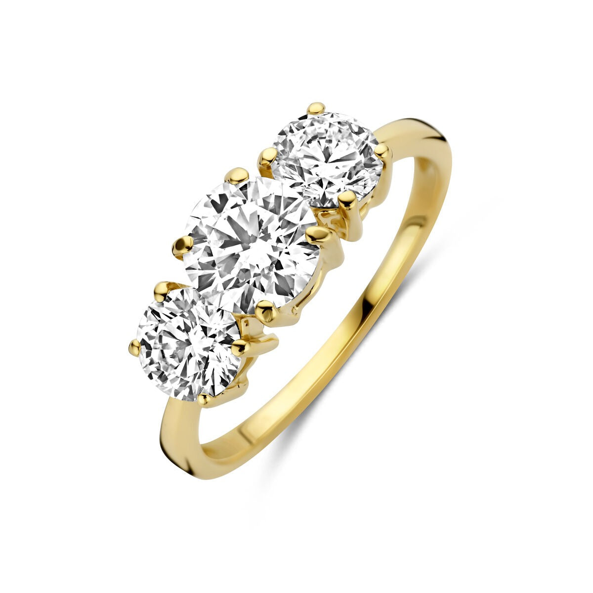 Anello in oro giallo 14k con tre diamanti lab grown, montatura a quattro griffe.