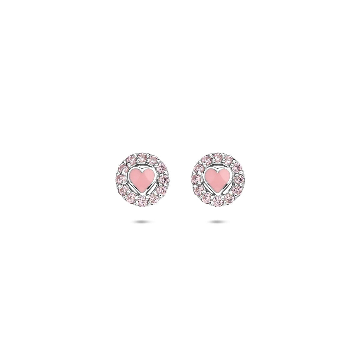 Orecchini in argento con cuore smaltato rosa e zirconia rosa, diametro 7 mm.