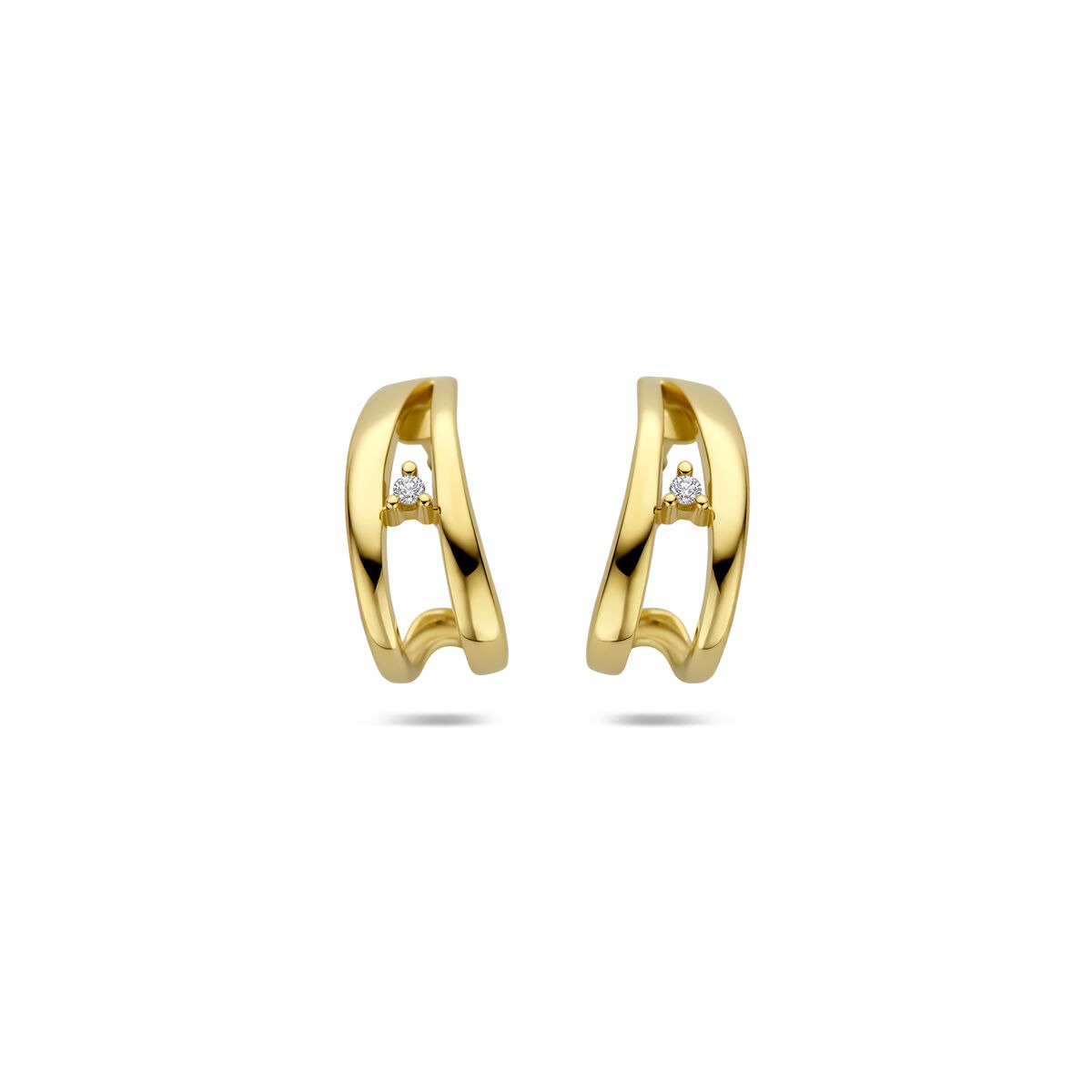Orecchini in oro giallo 14k con diamante, design moderno e lucido.