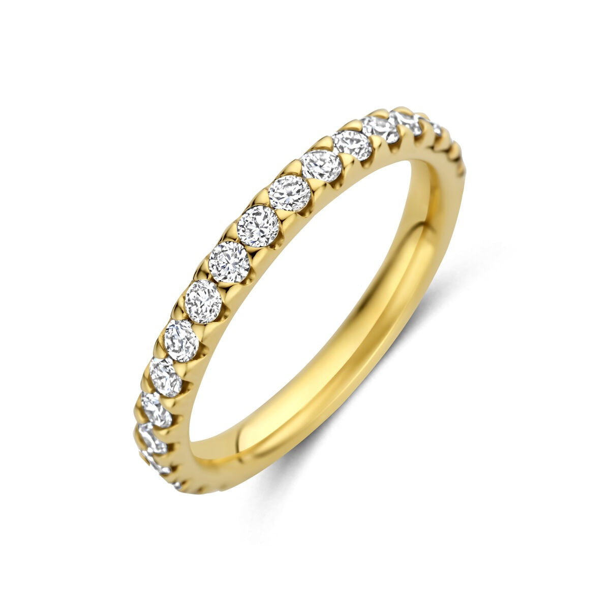 Anello da donna in oro giallo 14k con diamanti lab-grown, design sottile e brillante.