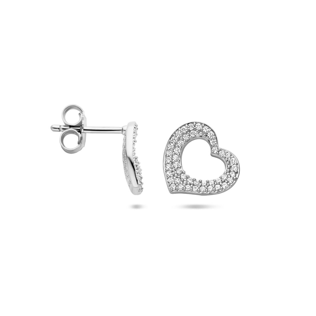 Orecchini a bottone cuore in argento rodiato con zirconi