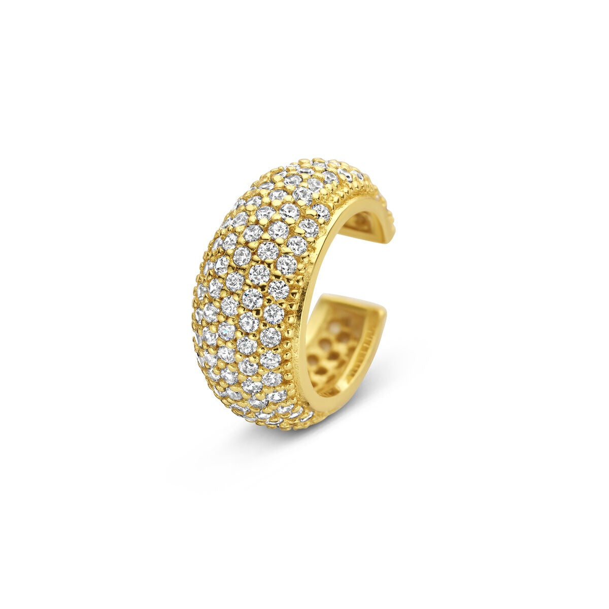 Verguld zilveren ear cuff met een golvende structuur, bezet met heldere zirkonia-steentjes.