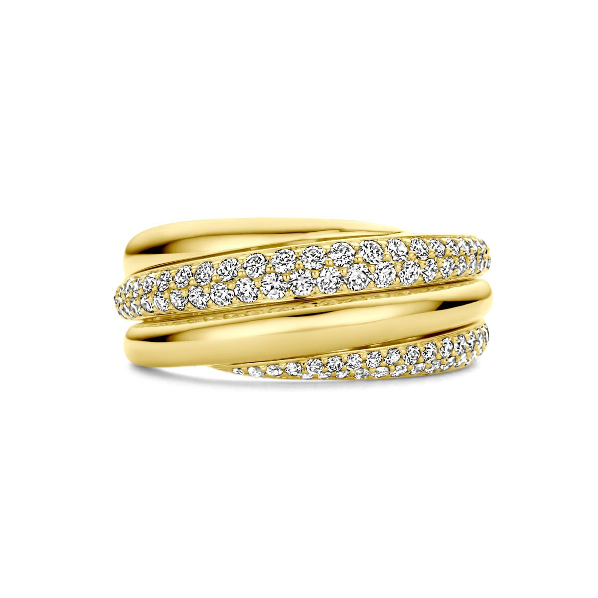 Anello bicolore in oro con diamanti, 14k, largo 8 mm.