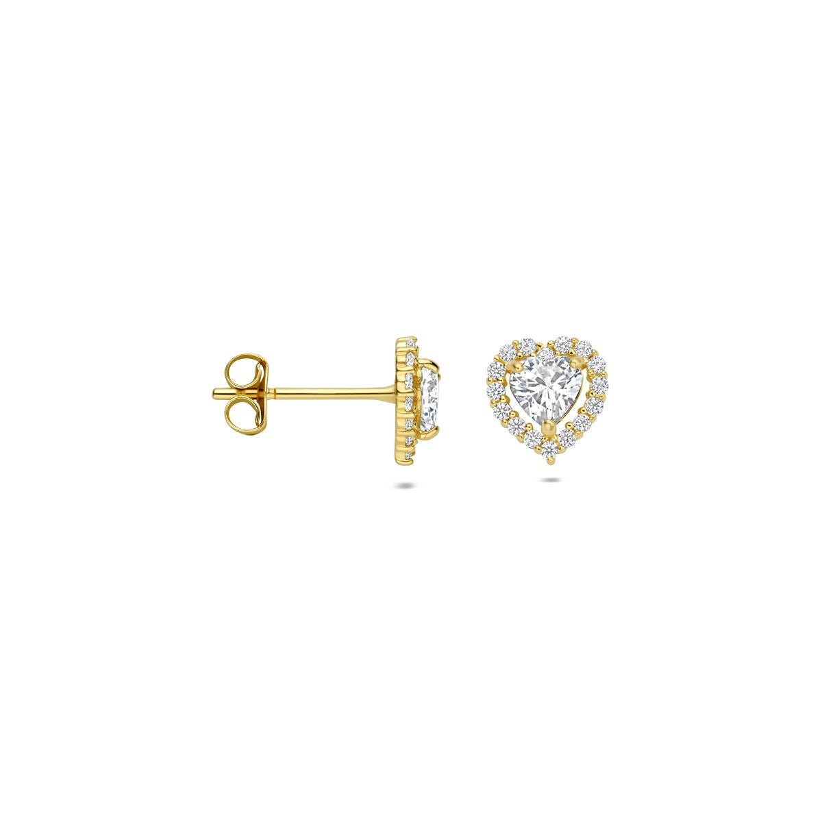 Orecchini a bottone in oro con cuore e zirconi – 14k, montatura entourage
