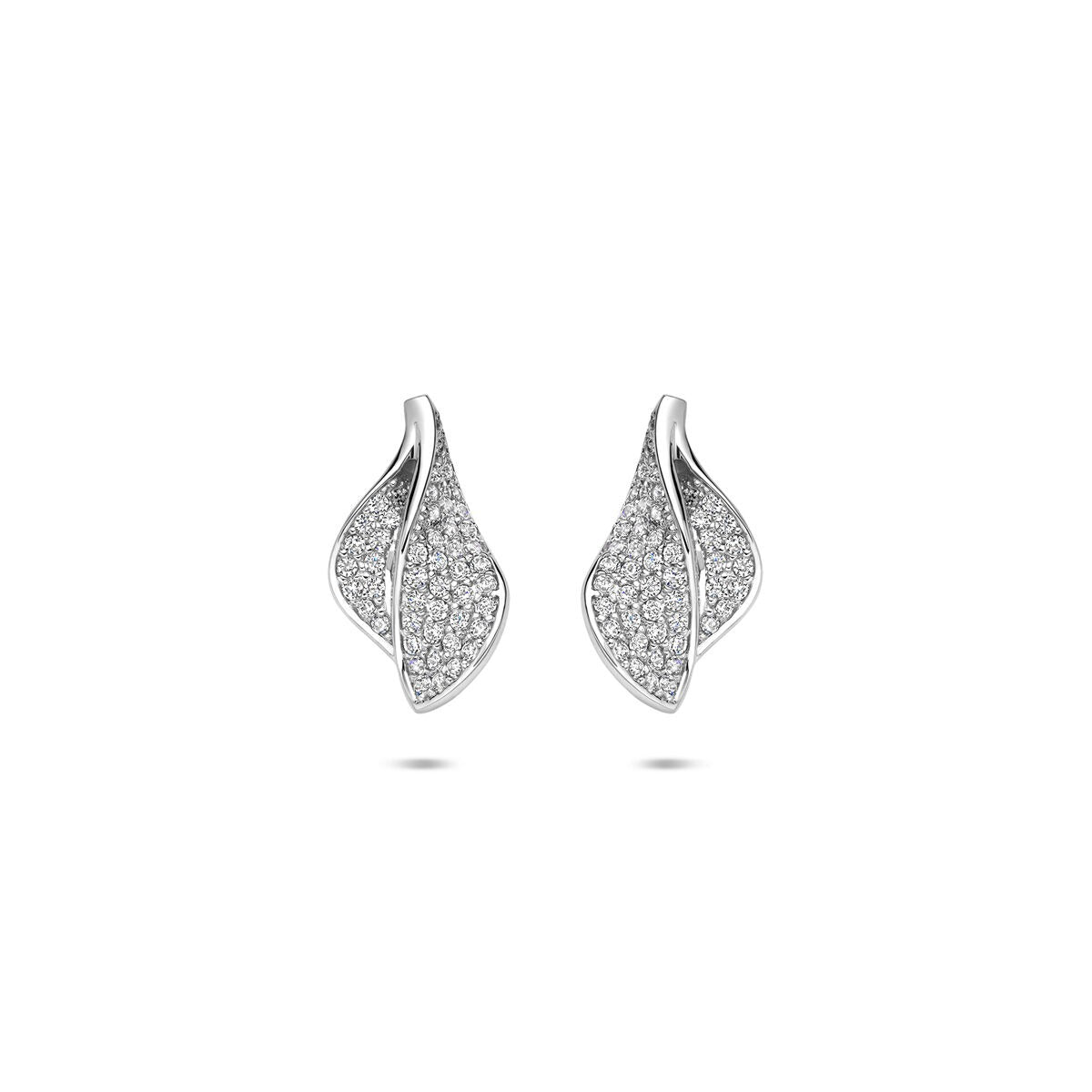 Orecchini a bottone in argento rodiato 925 con zircone, a forma di foglia.