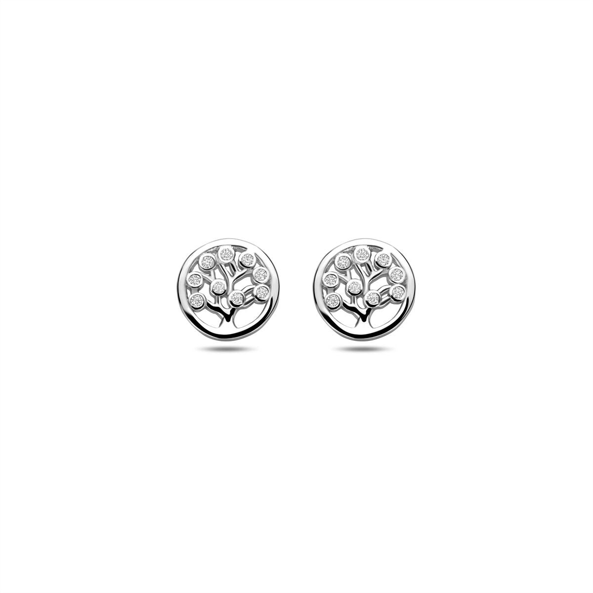 Orecchini in argento rodiato 925 con zircone, forma rotonda con motivo ad albero.