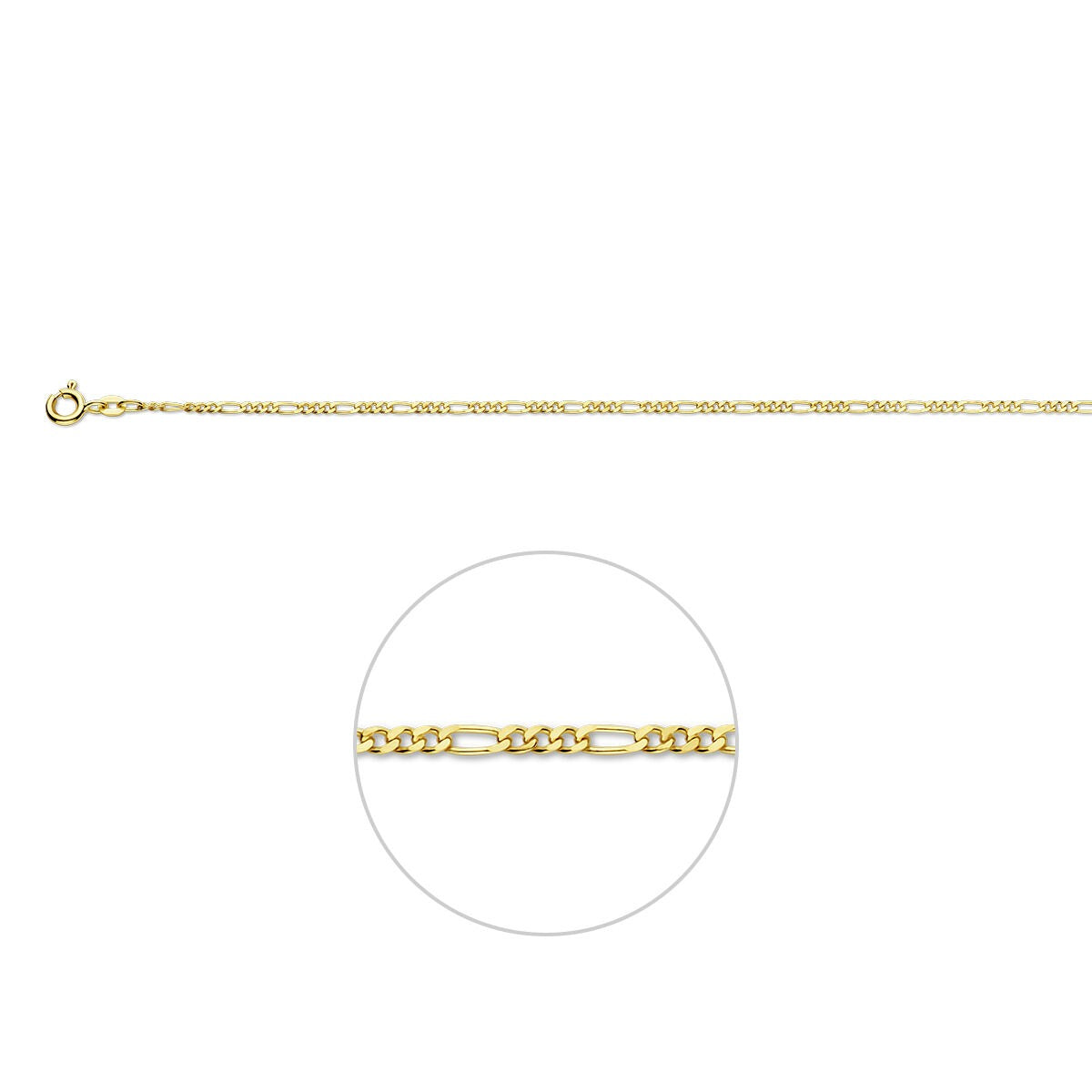 Geelgoudkleurige figaro schakelketting van 9k met een afwisselend schakelpaterne.