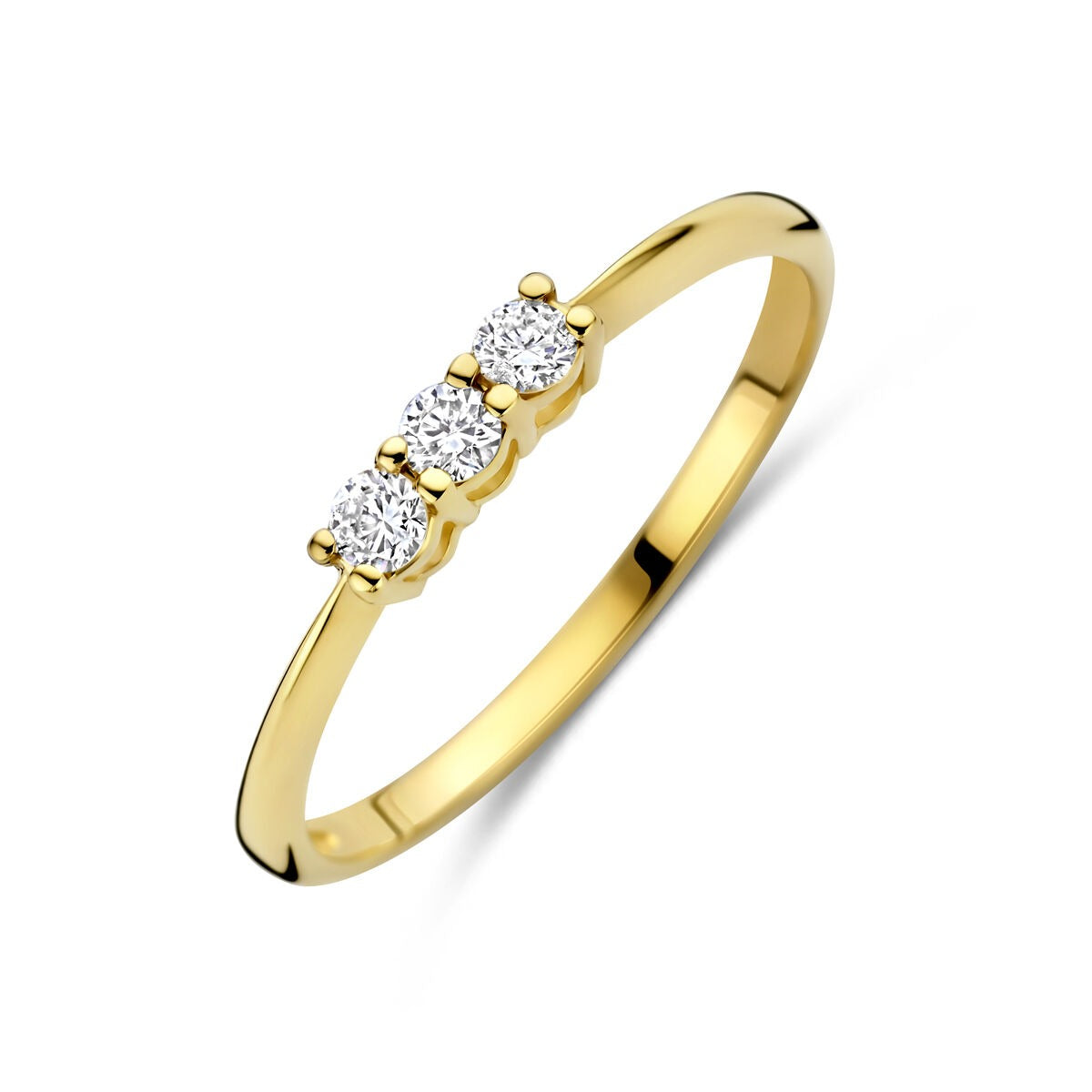 Anello in oro giallo 14k con tre diamanti sintetici incastonati.