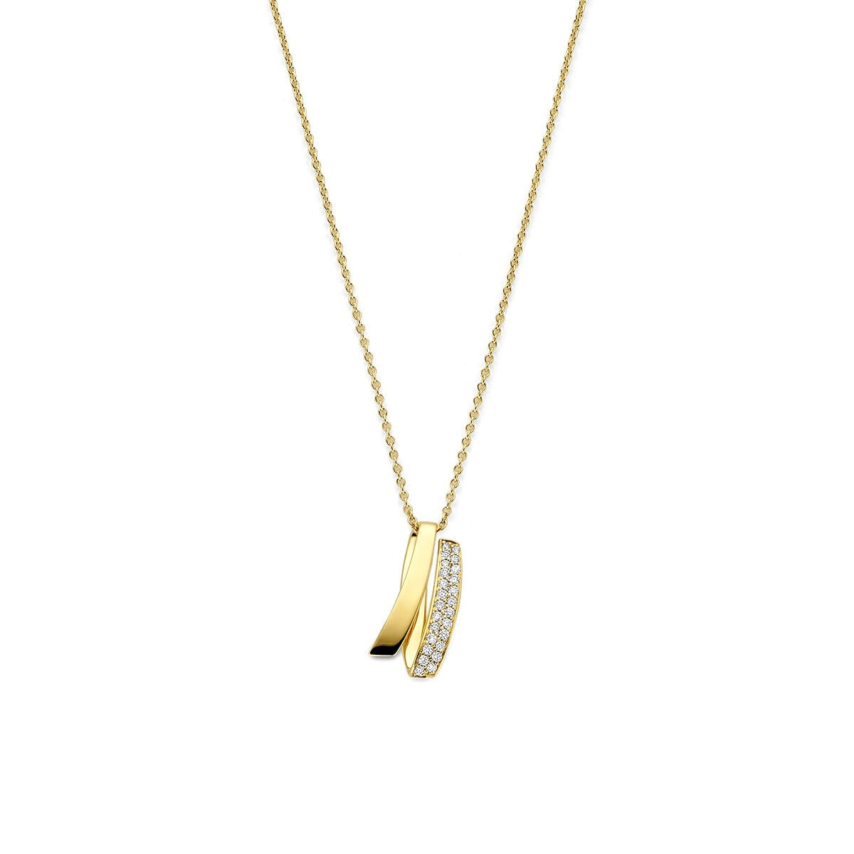 Geelgouden collier met een hangertje, versierd met een rijtje sprankelende diamanten.